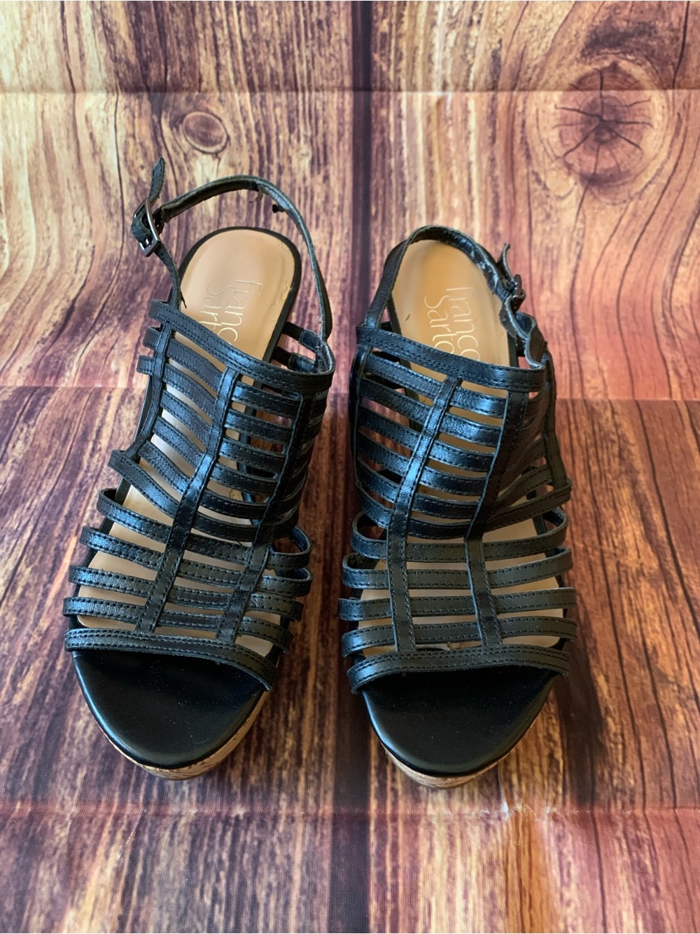 Franco Sarto Women's Adjustable Ankle Strap Black Strappy Wedge Sandals Sz: 7